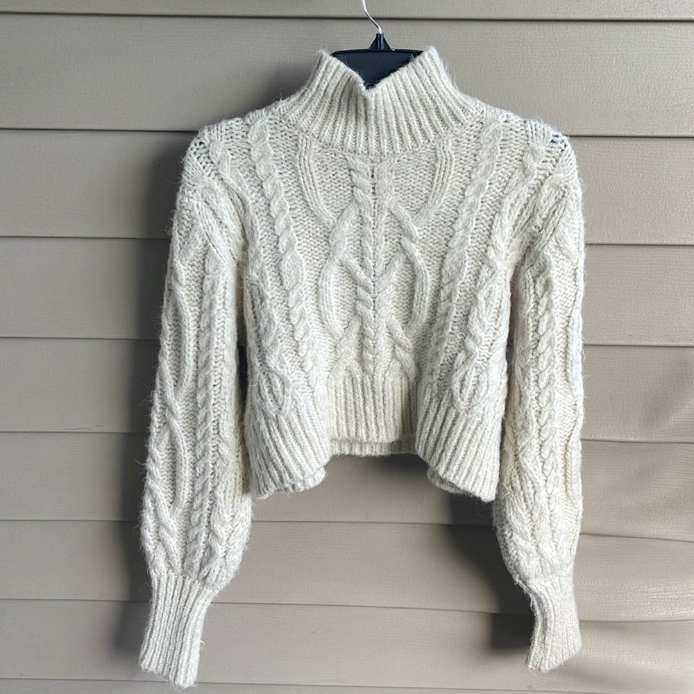 MANGO MNG Beige High Neck Cable Knit Crop Sweater Balloon Sleeve Jumper small